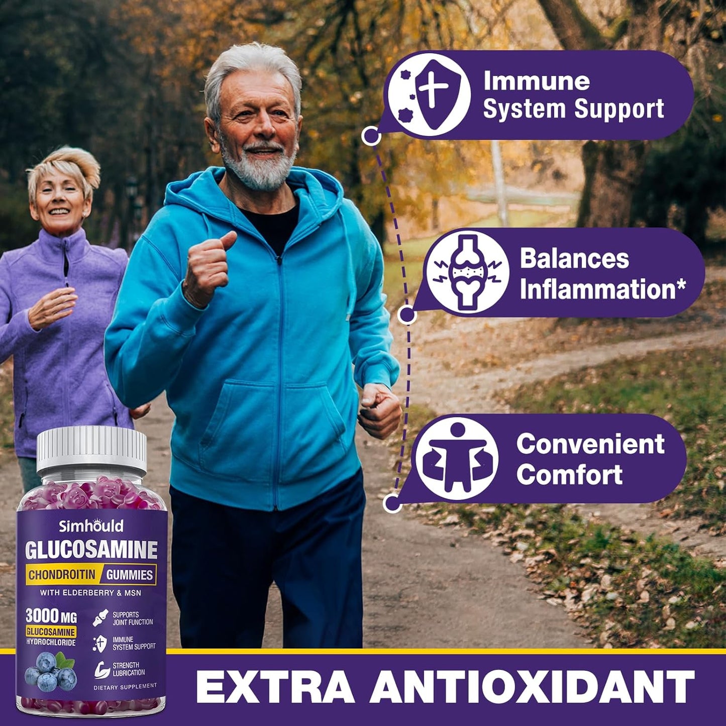 2 Packs Glucosamine Chondroitin Gummies - 3000MG Extra Strength Joint Support Supplement with MSM & Elderberry, Flexibility, Antioxidant Immune Support Gummy for Adults, Men & Women