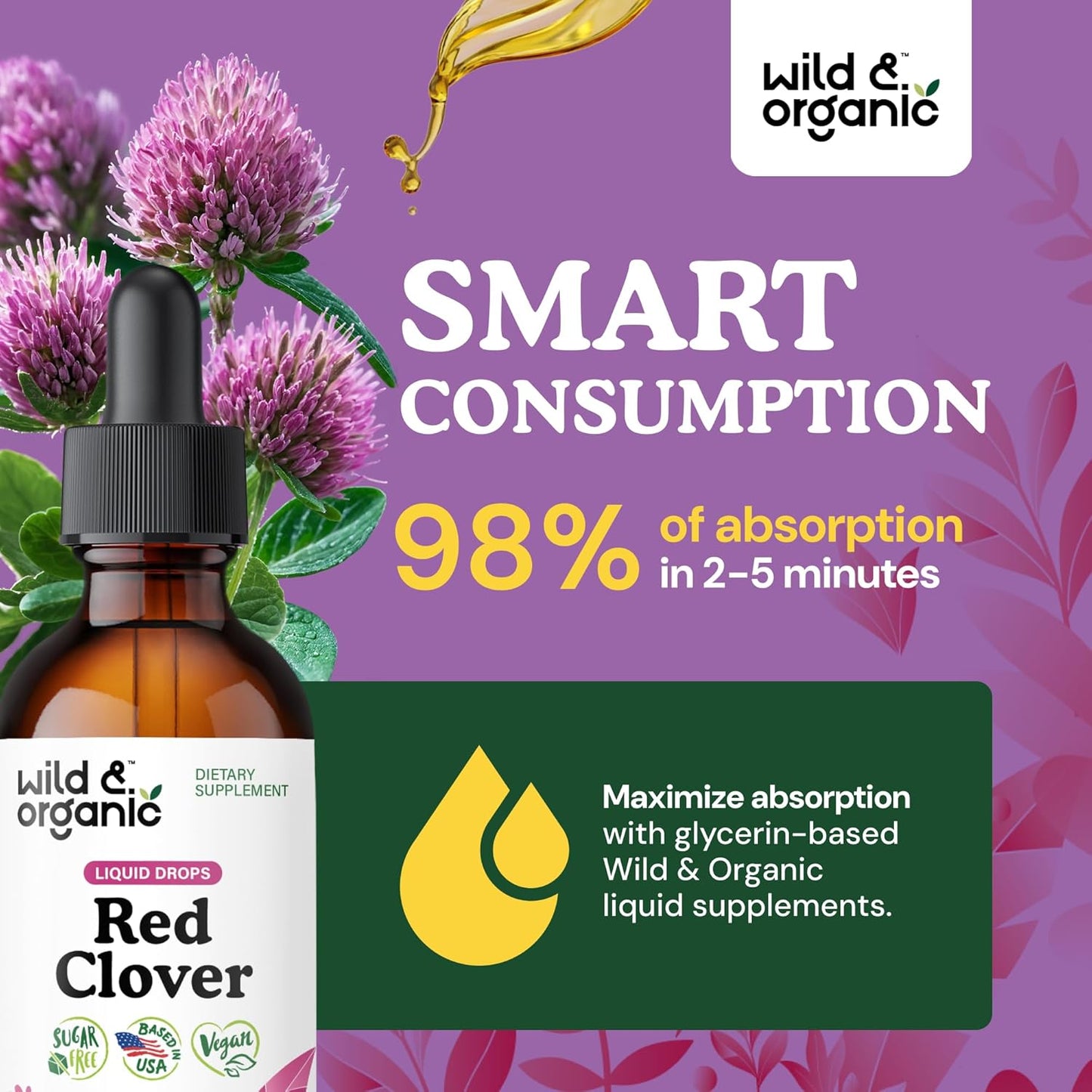 Wild & Organic Red Clover Extract Drops 600 mg - Liquid Red Clover Supplement for Women - 1-Month Supply - Trifolium Pratense Blossom Tincture - Vegan, Sugar & Alcohol-Free - 2 fl oz