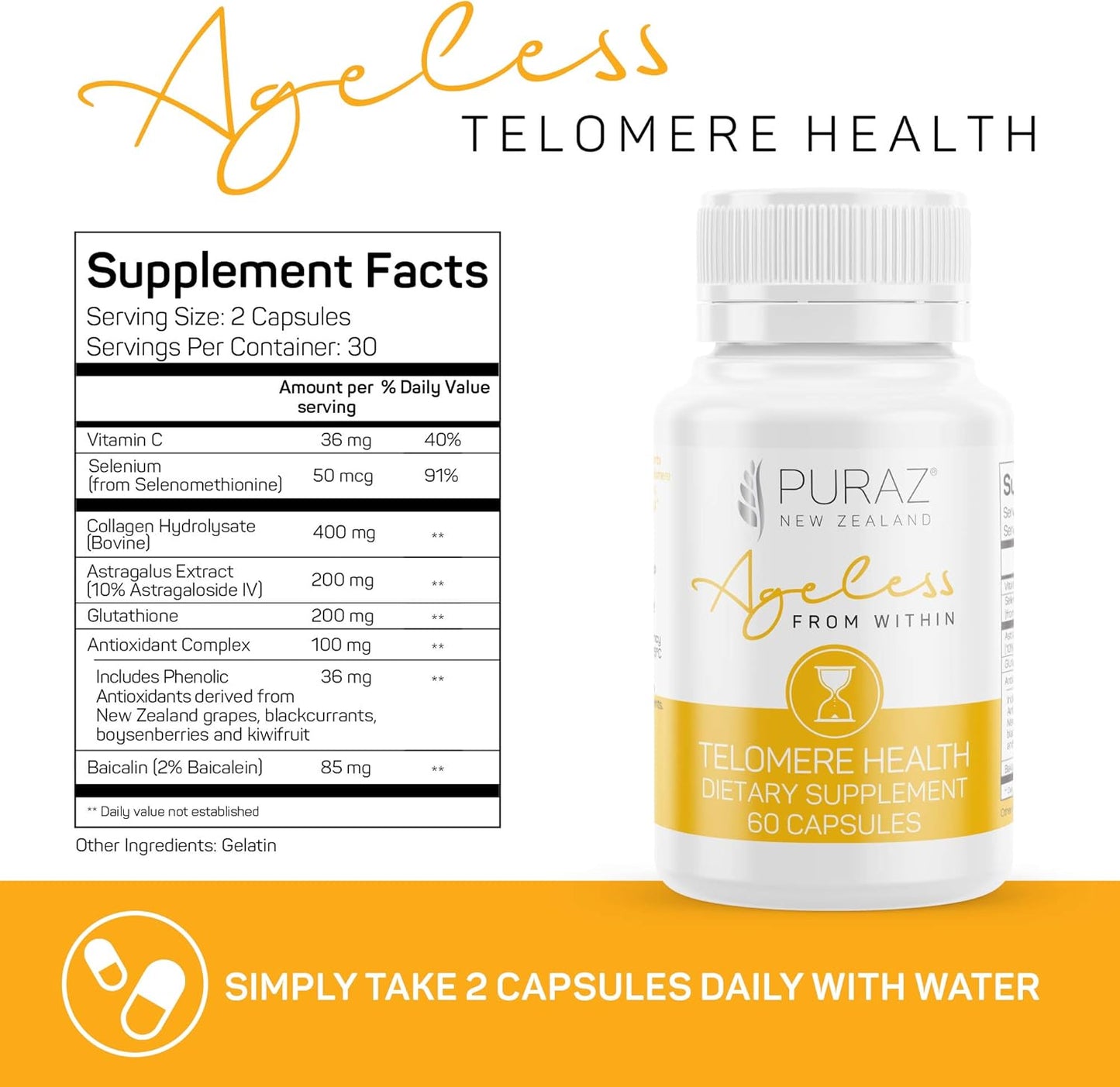 Telomere Supplements w/Potent Astragalus Root Extract and Collagen | Superior Immune Support, Anti-Aging, DNA Repair | Pure Telomerase Enzyme for Telomere Lengthening and Support | 60 Capsules