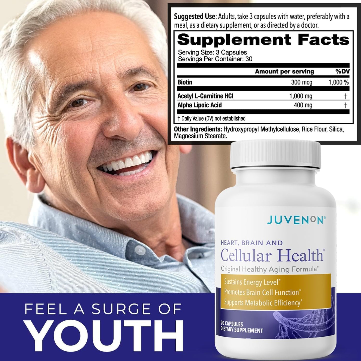 Juvenon Cellular Health | Heart, Brain Supplement with Acetyl L-Carnitine and Biotin - Supports NAD+ Function, Energy Production, Mood, Revitalized Metabolism, Mental Focus & Clarity (90 Capsules)