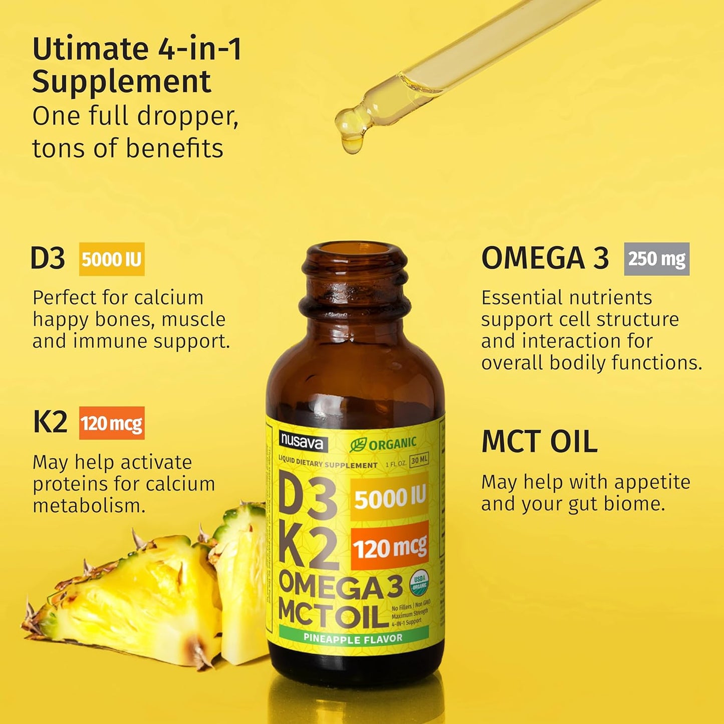 (2 Pack) Organic Vitamin D3 K2 Drops with MCT Oil Omega 3, Maximum Strength Vitamin D Liquid 5000 IU, No Fillers, Non-GMO Liquid D3 for Faster Absorption and Immune Support (Pineapple, 2 Fl Oz)
