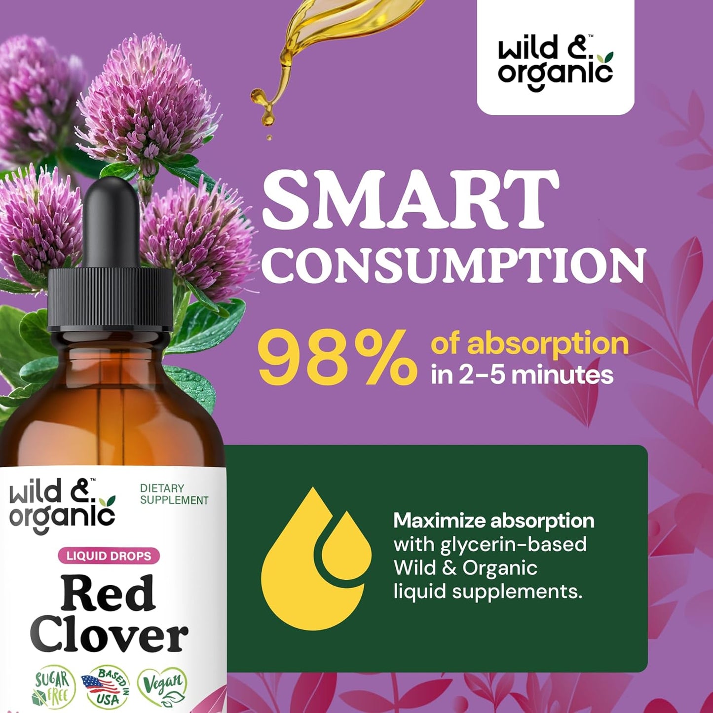 Wild & Organic Red Clover Tincture 600 mg - Liquid Red Clover Supplements for Women - 2-Month Supply - Trifolium Pratense Herb - Vegan, Sugar & Alcohol-Free Extract Drops - 4 fl oz