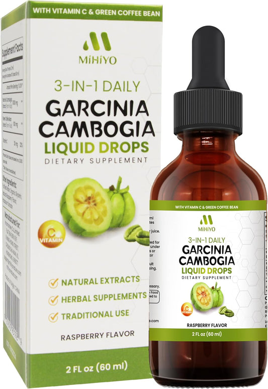 3-in-1 Garcinia Cambogia Liquid Drops - Natrual Extract with Green Coffee Bean & Vitamin C - Support Health and Wellness - Stronger Than Pills & Capsules - Natural Raspberry Flavor - 2 fl oz (60 ml)