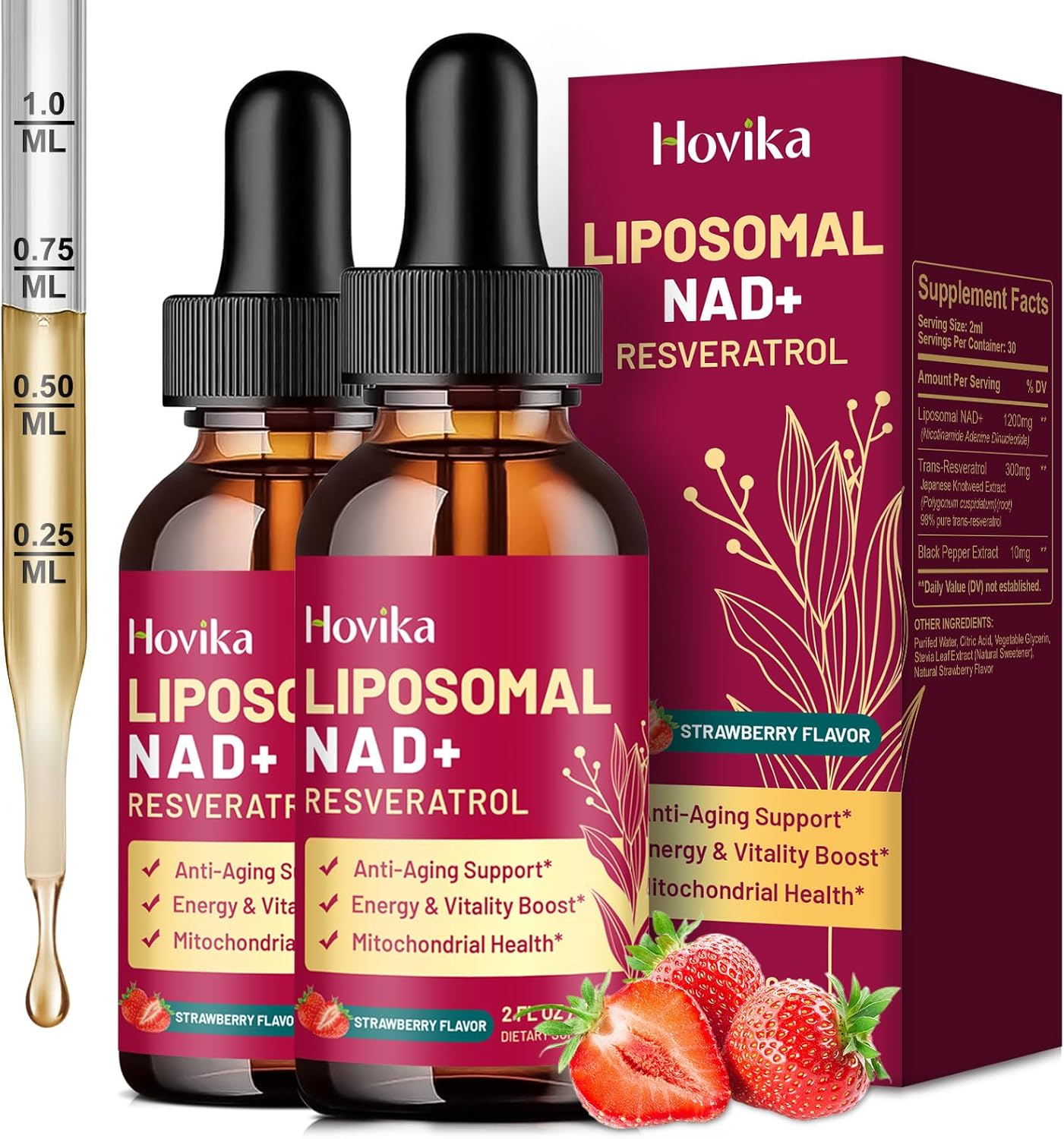 2 Pack Liposomal NAD Supplement - 1200mg NAD+ Liquid Drops for Women & Men with Resveratrol, Black Pepper Extract - Support Anti-Aging, Brain & Cellular Mitochondrial Health - Strawberry Flavor