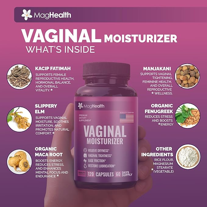 Vaginal Moisture Supplement for Women | Intimate Health Support Capsules with Kacip Fatimah, Manjakani & Slippery Elm | Promotes Comfort, Elasticity & pH Balance | 120 Vegan Capsules (60 Day Supply)