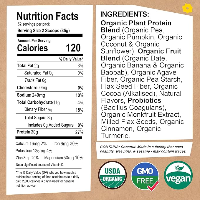 EarthChimp Organic Vegan Protein Powder - with Probiotics - Non GMO, Dairy Free, Non Whey, Plant Based Protein Powder for Women and Men, Gluten Free - 52 Servings 64 Oz (Vanilla)