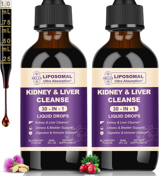 30-in-1 Kidney and Liver Cleanse Detox & Repair Drops with Cranberry Extract, Milk Thistle & Chanca Piedra, Vegan Kidney Support Supplement for Urinary Tract & Liver Support | Blueberry Flavor, 2P
