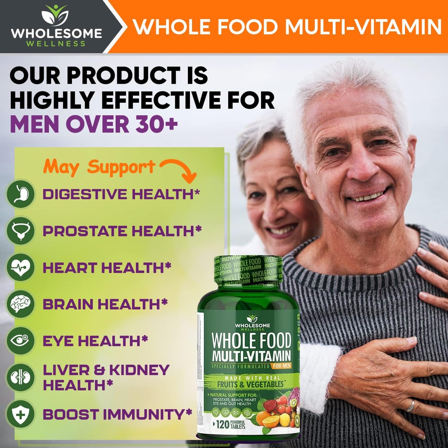 Wholesome Wellness Whole Food Multivitamin for Men - Natural Multi Vitamins, Minerals, Organic Extracts - Vegan Vegetarian - 120 Tablets