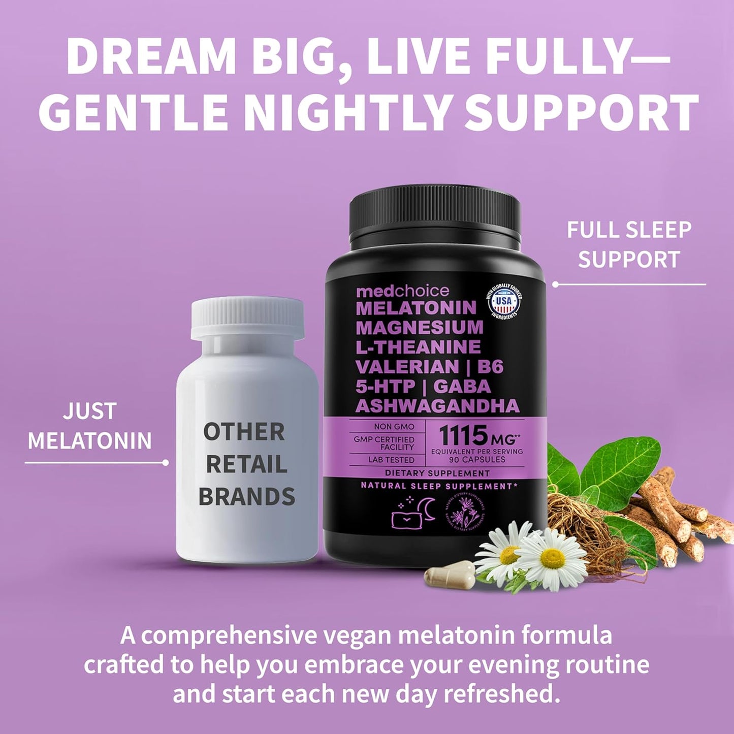 12-in-1 Melatonin Sleep Capsules - Natural Sleep Aids for Adults with Melatonin 5mg and Magnesium Glycinate 500mg, Sleep Aid with Ashwagandha, L Theanine, Valerian Root, GABA, 5-HTP (90ct, Pack of 1)