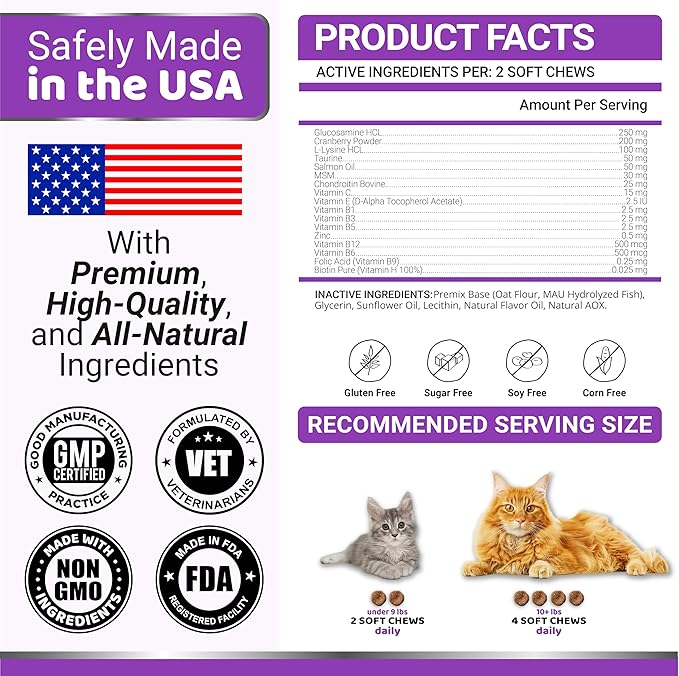 Cat Multivitamin Chews - Cat Vitamins and Supplements - Taurine & Lysine for Cats - Omega-3, Glucosamine, Cranberry - Skin & Coat, Hip & Joint Support - Immune Health, Skin, Heart, Digestion