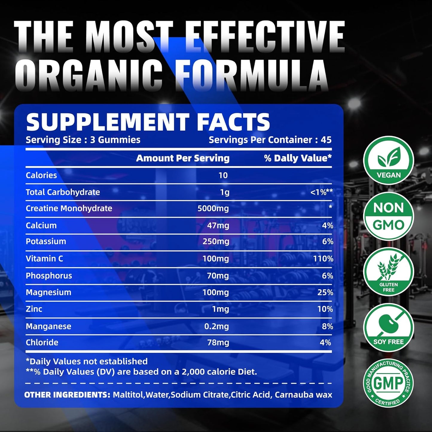 Creatine Monohydrate Gummies for Men & Women-5g of Creatine Monohydrate per Serving - Sugar Free,Vegan, Blueberry Electrolyte Chews, 135 Count