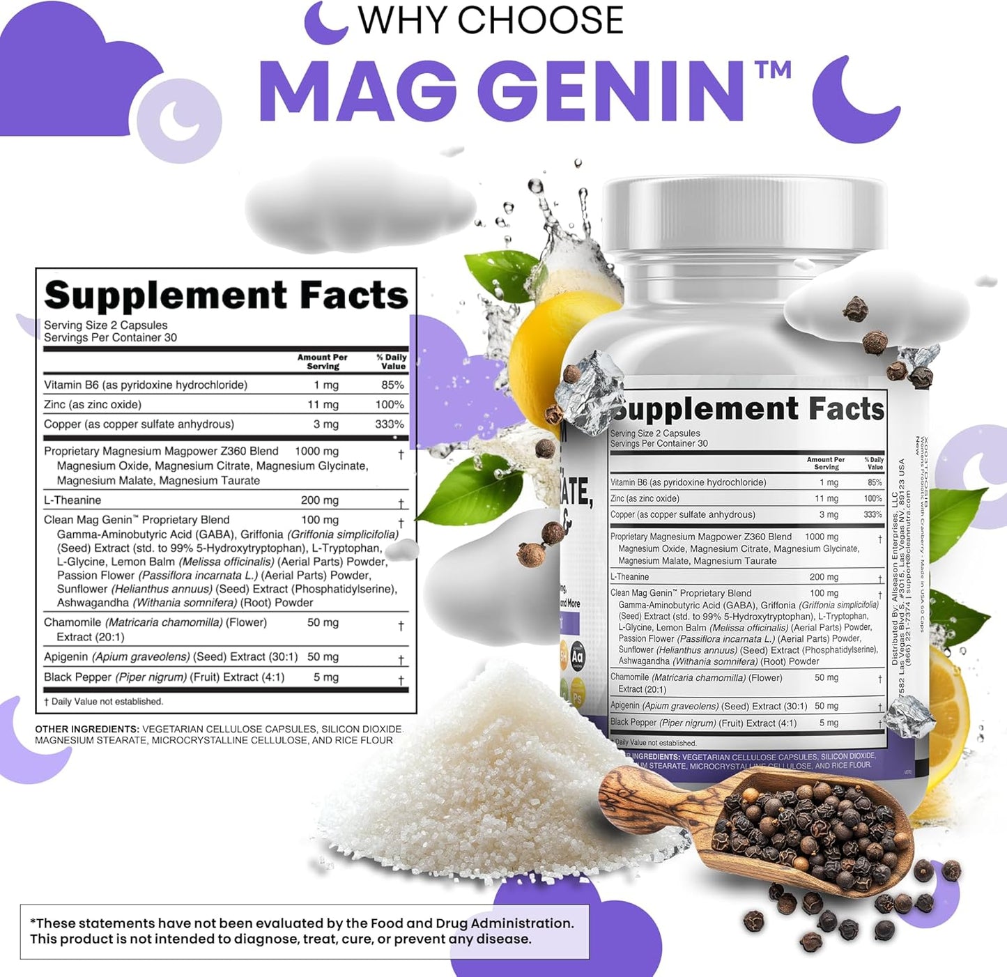 Clean Nutraceuticals Magnesium Glycinate Complex 1000mg with L-Theanine 200mg Apigenin 50mg Citrate Taurate Supplement - 5-HTP GABA Passion Flower Lemon Balm L-Glycine Phosphatidylserine - 60 Count