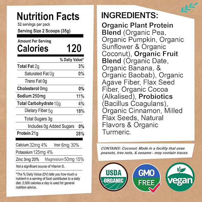 EarthChimp Organic Vegan Protein Powder - with Probiotics - Non GMO, Dairy Free, Non Whey, Plant Based Protein Powder for Women and Men, Gluten Free - 52 Servings, 64 Oz (Plain & Unsweetened)