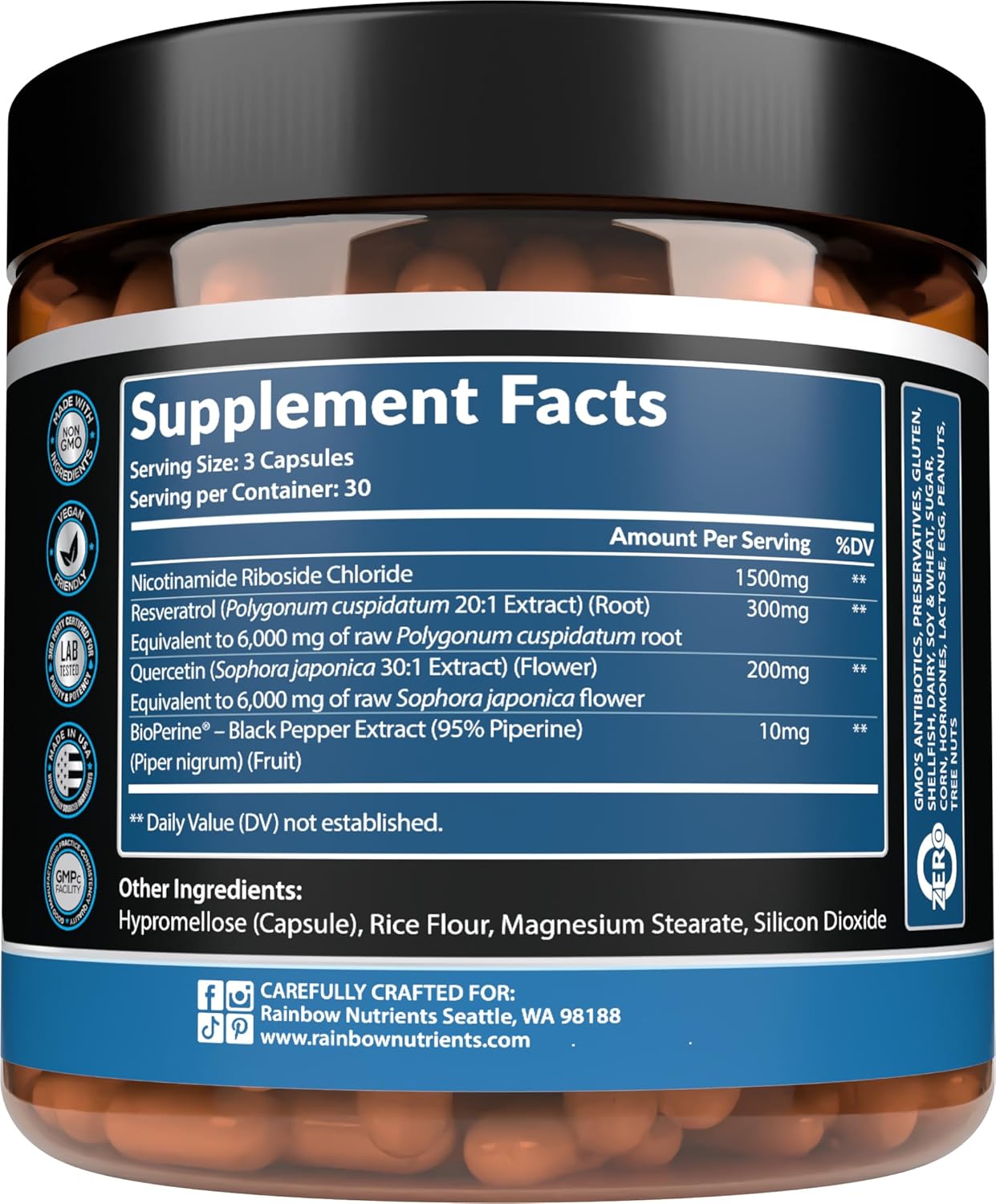 13,510mg NAD+ Supplement- Nicotinamide Riboside, Resveratrol, Quercetin & BioPerine® (High Absorption)- Natural NAD Booster for Anti-Aging, Cellular Energy, Skin- For Women & Men- 90 V Capsules