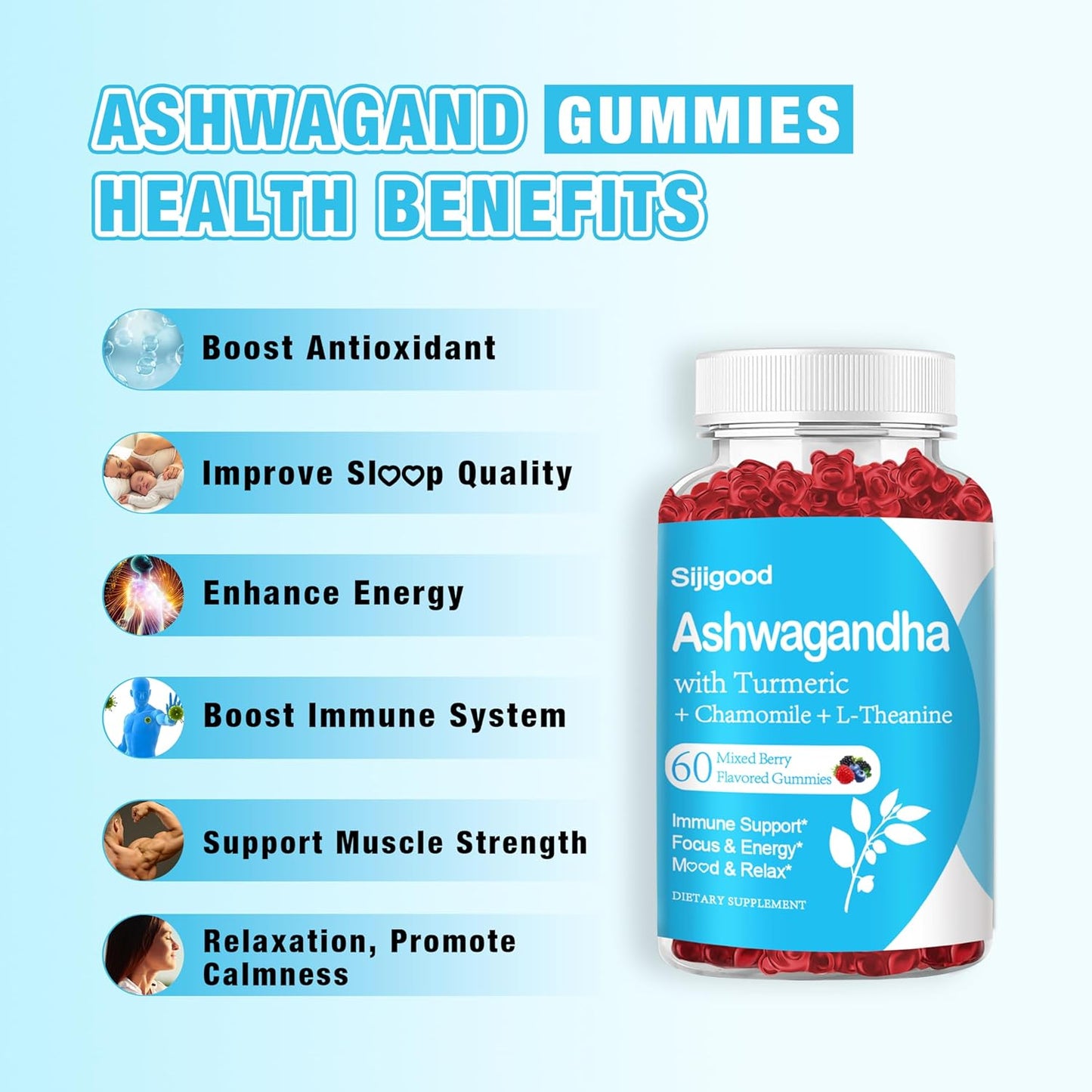 2 Pack Ashwagandha Gummies with L-theanine, Ashwa Root Supplement Gummy for Women Men, 120 Mixed Berry Flavored Gummies