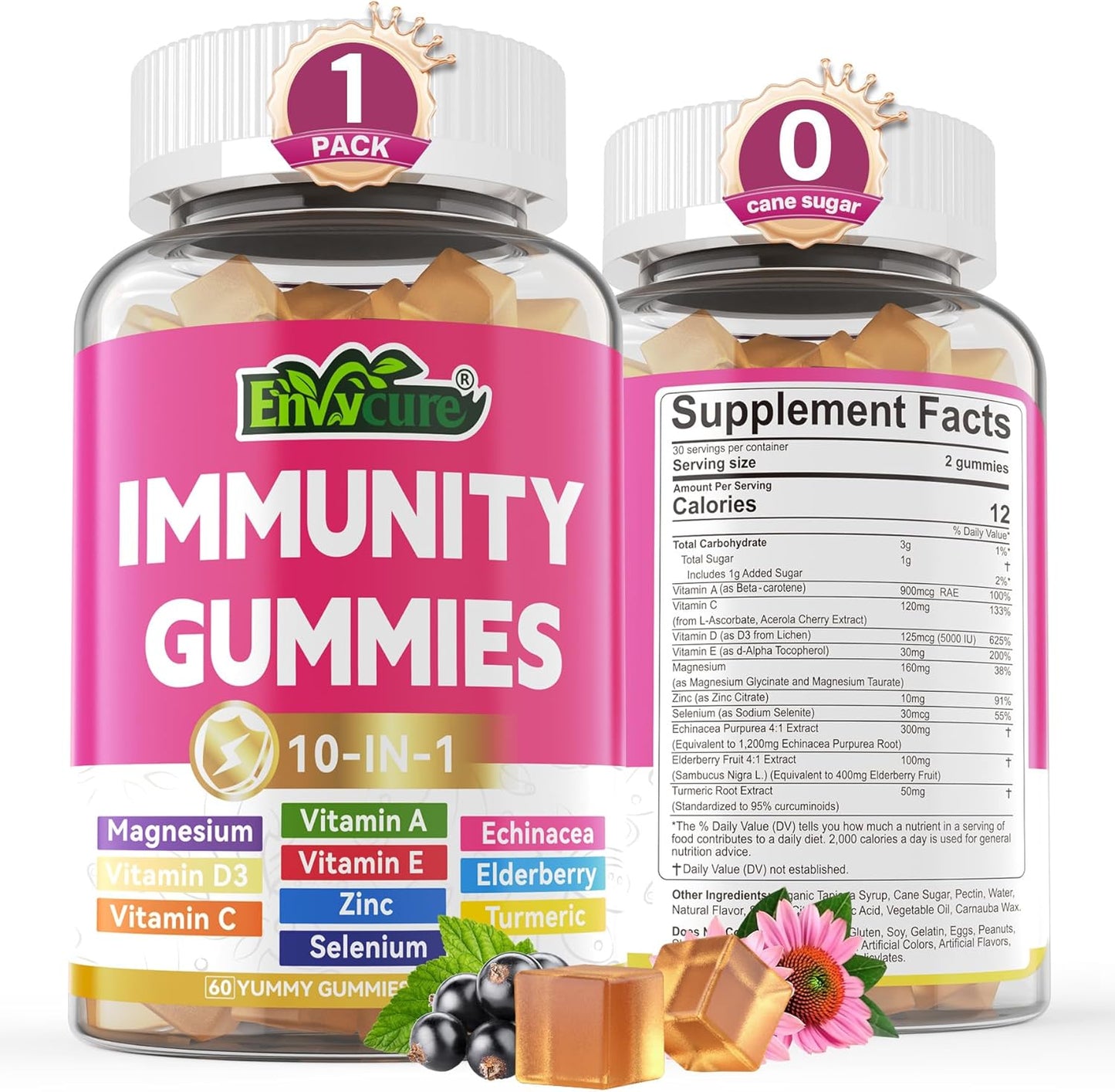 10 in 1 Immune Support Supplement Gummies, w/Echinacea, Elderberry Vitamin C and Zinc, Selenium, Vitamin D3 5000IU, Magnesium, Daily Immune Booster Multivitamin, for Antioxidant Bone Energy, 1 Pack