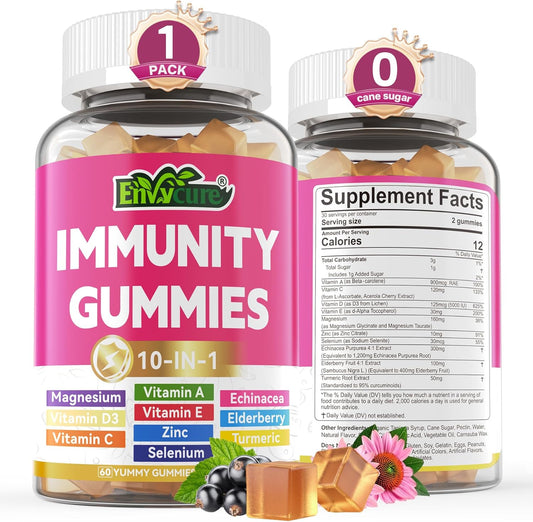 10 in 1 Immune Support Supplement Gummies, w/Echinacea, Elderberry Vitamin C and Zinc, Selenium, Vitamin D3 5000IU, Magnesium, Daily Immune Booster Multivitamin, for Antioxidant Bone Energy, 1 Pack