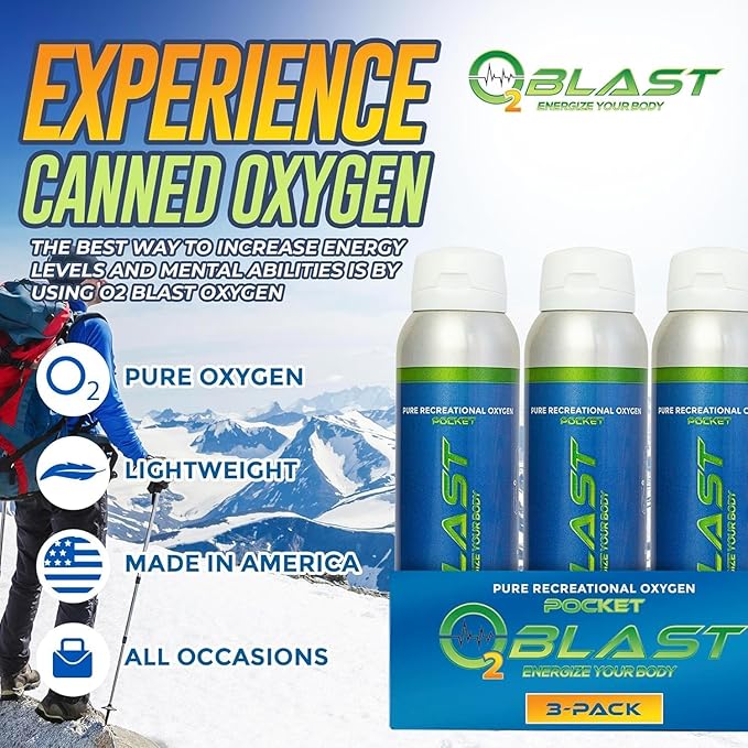 O2 Blast - Pure Oxygen Supplement - Filled with 99.99% Pure Oxygen to Support Fast Recovery, Increase Stamina & Enhance Focus for High Altitude and Action Sports, 4L Portable Can Flip-Top Cap, 3-Pack