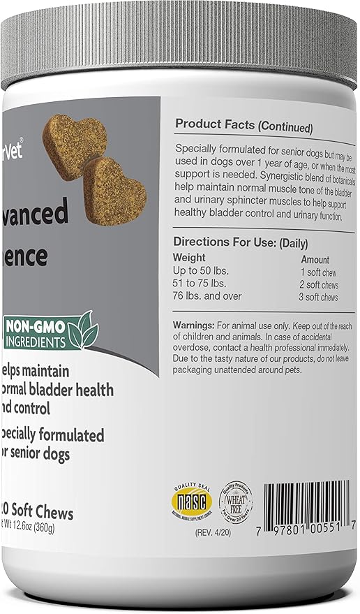NaturVet Senior Advanced Incontinence Dog Supplement – Helps Support Dog’s Bladder Control, Normal Urination – Includes Synergistic Blend of Botanicals – 120 Ct. Soft Chews