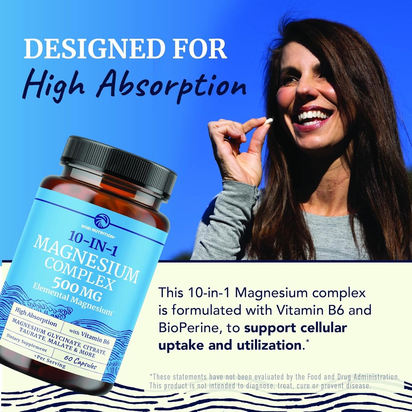 10 in 1 Magnesium Complex Supplement 500MG | Magnesium Citrate, Mag Glycinate, Malate & More | High Absorption Mag Complex with Vitamin B6 | Bone, Muscle & Heart Health Support | Non-GMO | 60 Ct.