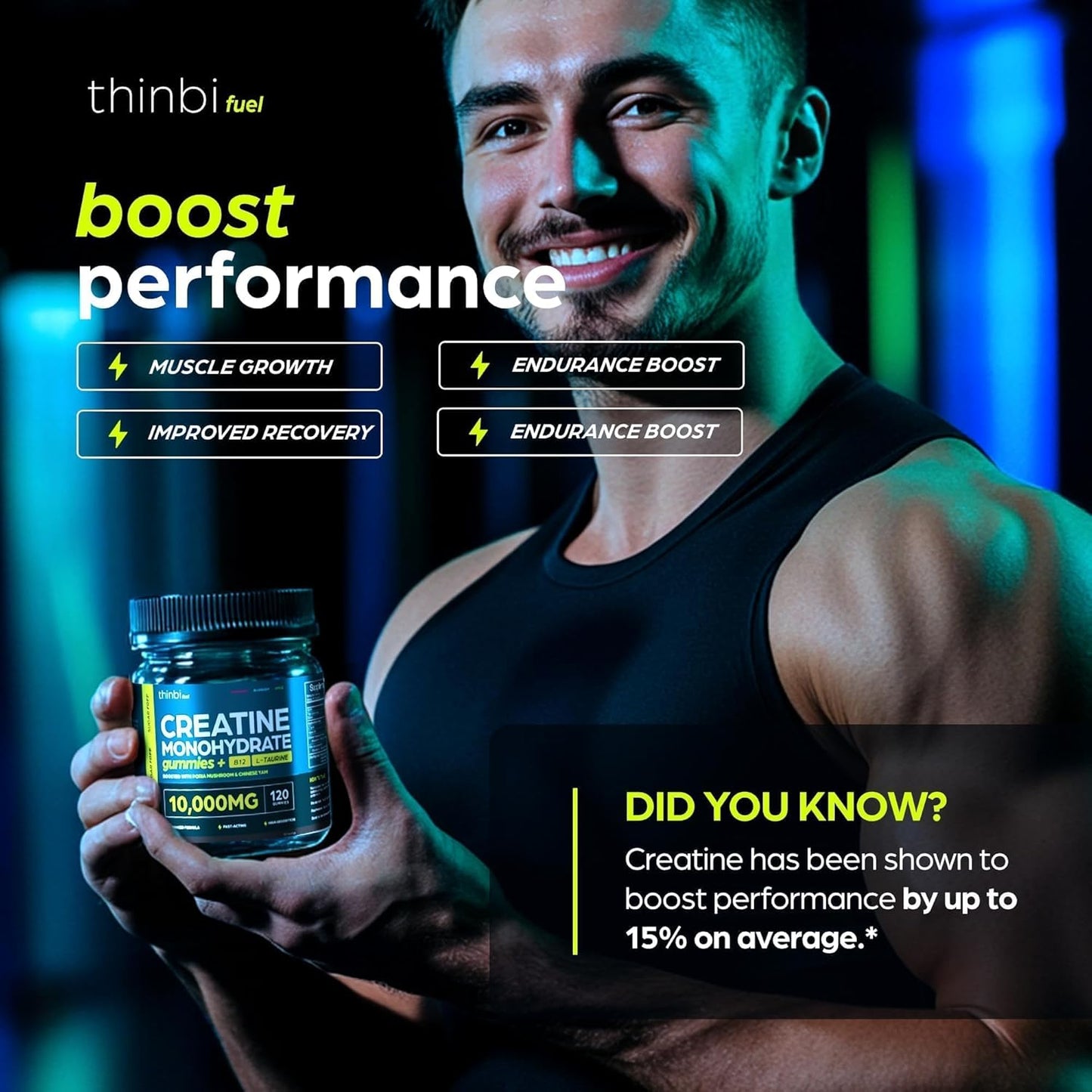 Creatine Gummies Monohydrate Complex 10,000mg for Men & Women -120 Gummies Advanced Formula W/L-Taurine + Vitamin B12 for Muscle Strength, Muscle Builder, Energy Boost, Pre-Workout Supplement -Thinbi