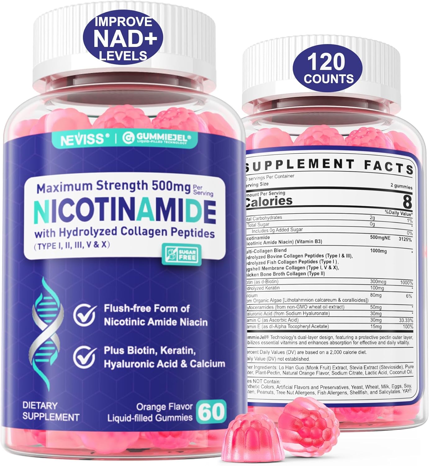 2 Pack - Nicotinamide 500mg Gummies, NAD+ Supplement for Women & Men w/Collagen Peptides, (Flush Free Niacin) Vitamin B3 Niacinamide for Anti-Aging, NAD+ Levels, Longevity, Focus & Brain, Sugar Free