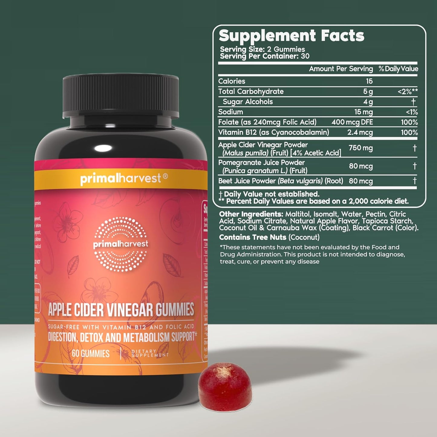 Primal Harvest 2 Pack, ACV Gummies, Sugar Free Apple Cider Gummies Beetroot and Pomegranate to Support Immunity, Digestion and Detox 750 MG (120 Count)