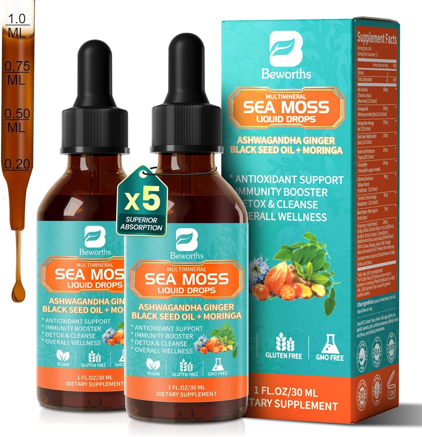 2PACK Sea Moss Drops - Irish Sea Moss Chlorophyll Liquid with Black Seed Oil, Ashwagandha, Moringa, Turmeric, Elderberry, Mullein, Seamoss Gel Supplement for Lung Cleaner, Detox & Gut, Immune Support