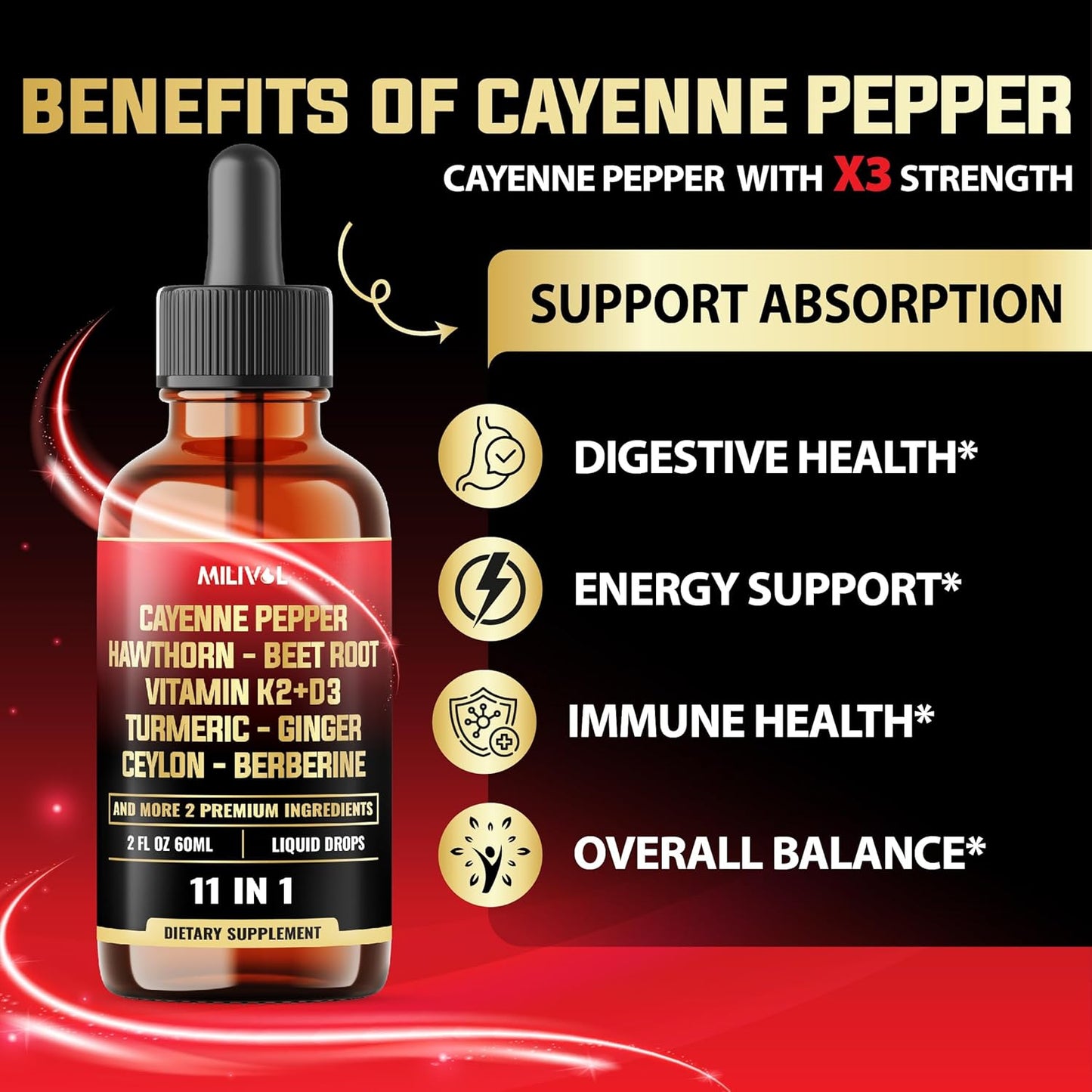 11in1 Cayenne Pepper Liquid Drops with Hawthorn Berry, Vitamin D3 K2, Beet Root, Garlic, Ginger, Ceylon Cinnamon, Turmeric, Berberine and Bitter Melon - 60 Days Supply - 2Fl Oz