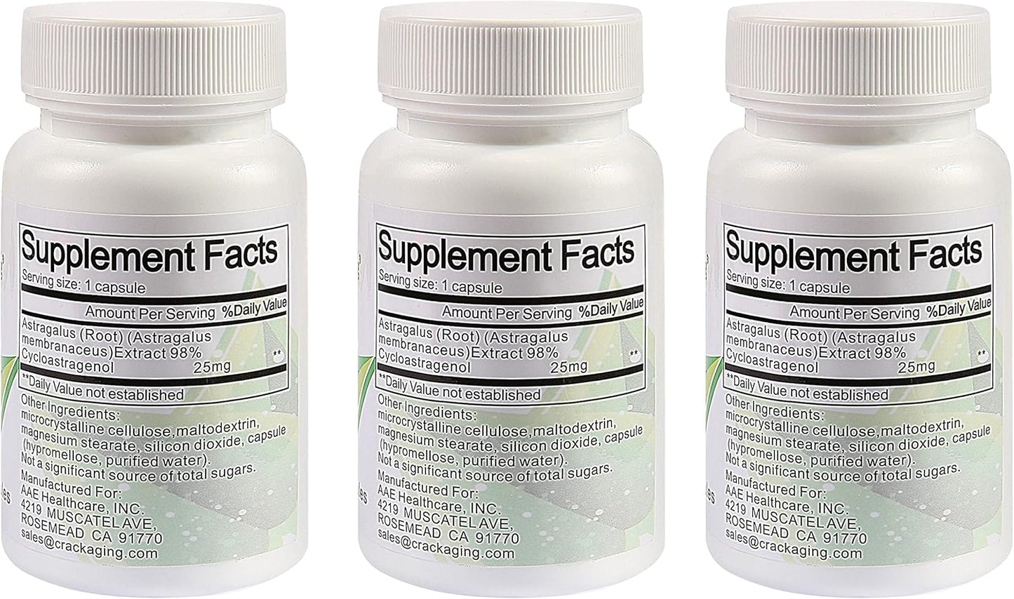 Crackaging Super-Absorption Cycloastragenol 98% | Telomere activator Supplements | Telomere lengthening Supplements | Immune Booster | 25mg/Cap, 90 Caps in 3 Bottles
