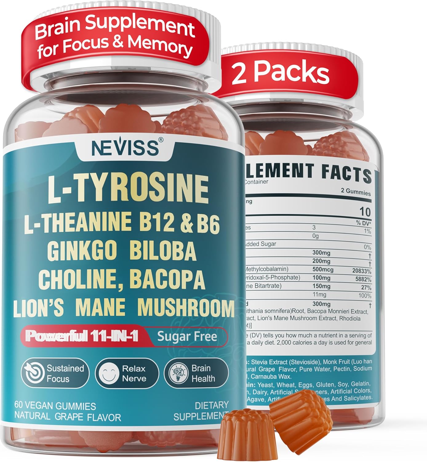 11-IN-1 Brain Supplement for Memory and Focus with L-Tyrosine L-Theanine, Methylated B12 & B6, Lion's Mane Mushroom, Ginkgo Biloba, Bacopa Monnieri, Choline for Focus, Nootropic, Energy, 2Packs