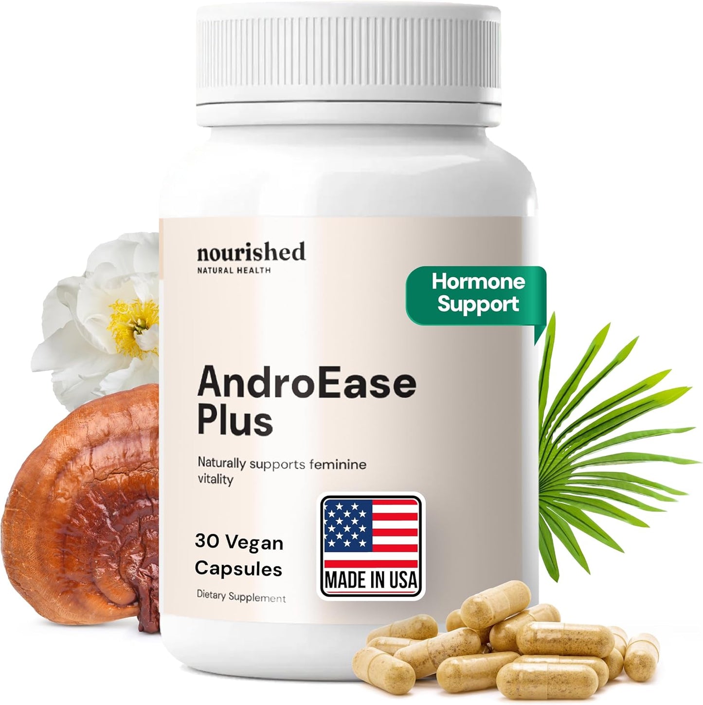 Nourished AndroEase Plus Double Strength – Vegan Hormone Balance for Women – Zinc, Reishi, Green Tea and Saw Palmetto – for Energy, Vitality, Facial Hair and Daily Wellness – 30 Capsules, Made in USA