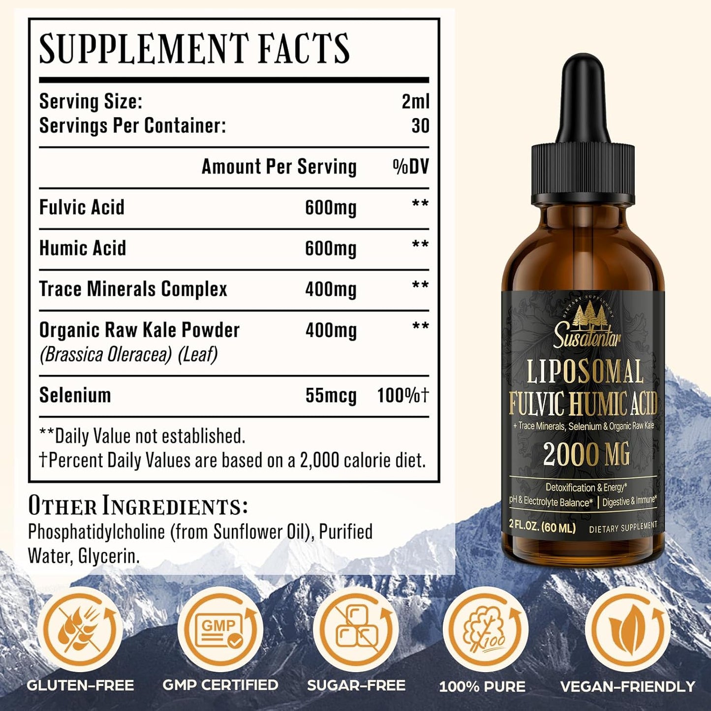 2000 MG Liposomal Fulvic Acid + Humic Acid + Trace Minerals Complex - More Potent Than Shilajit, Electrolytes Liquid Supplement with Organic Kale for Energy, Digestion, Immunity & pH Balance, 2 Oz