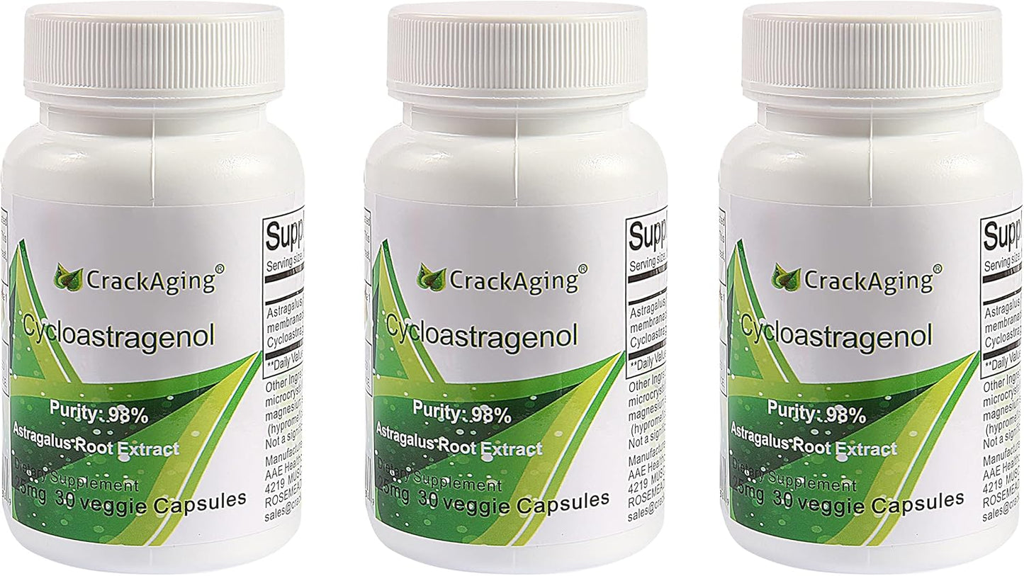 Crackaging Super-Absorption Cycloastragenol 98% | Telomere activator Supplements | Telomere lengthening Supplements | Immune Booster | 25mg/Cap, 90 Caps in 3 Bottles