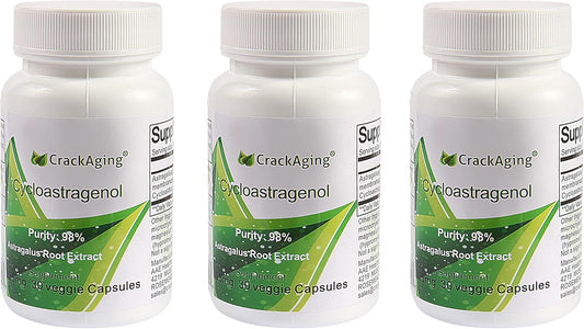 Crackaging Super-Absorption Cycloastragenol 98% | Telomere activator Supplements | Telomere lengthening Supplements | Immune Booster | 25mg/Cap, 90 Caps in 3 Bottles