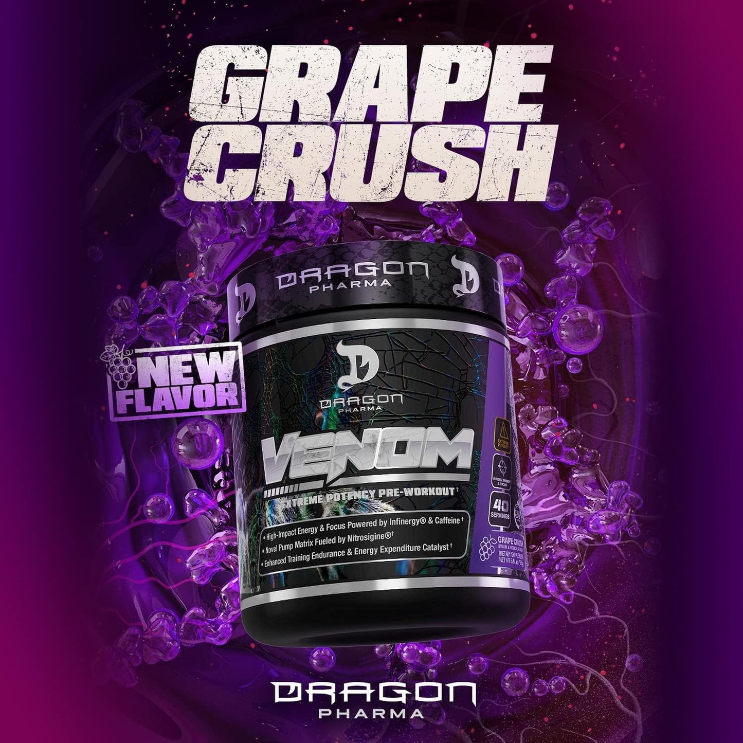 DRAGON PHARMA Venom Extreme Potency Pre-Workout, Laser Sharp Focus + Energy, Intense Performance, Proven Ingredients for Enhanced Vasodilation & Endurance (40 Servings, Grape Crush)