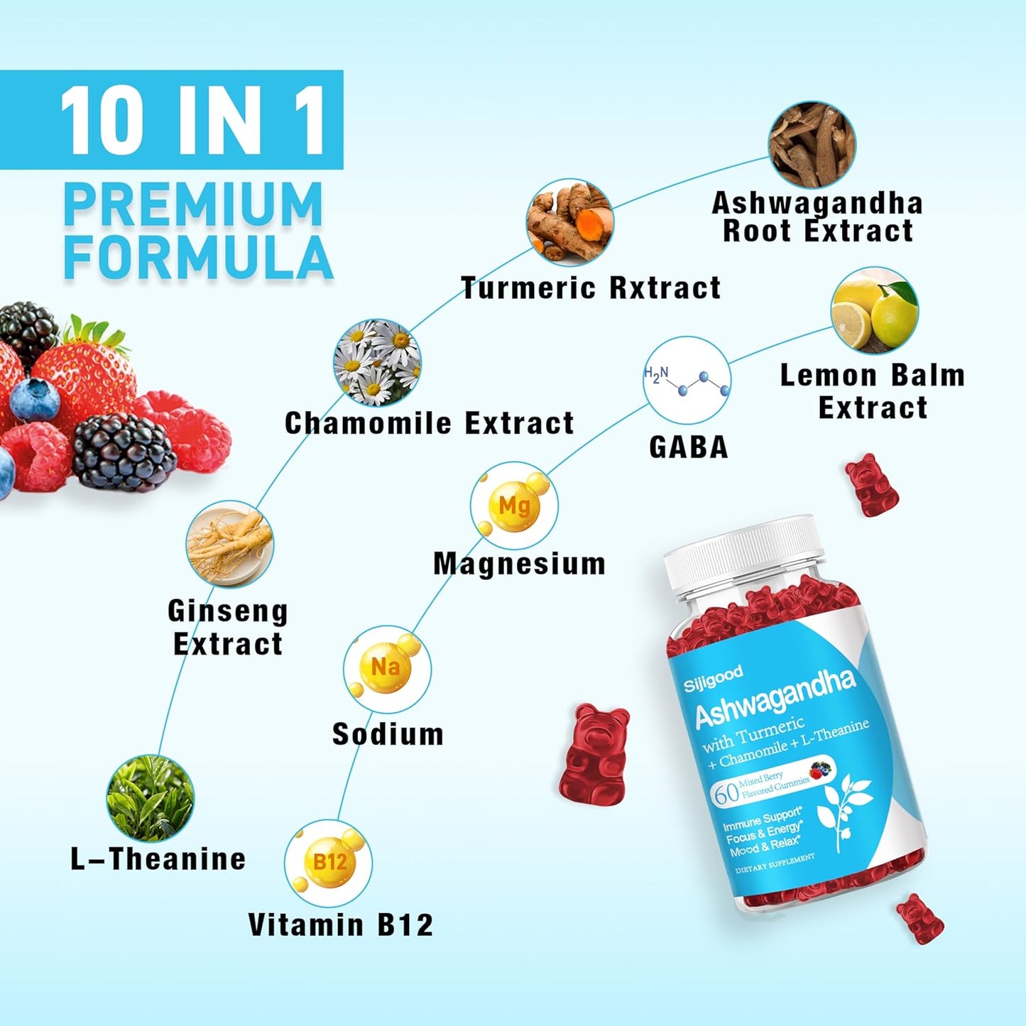 2 Pack Ashwagandha Gummies with L-theanine, Ashwa Root Supplement Gummy for Women Men, 120 Mixed Berry Flavored Gummies