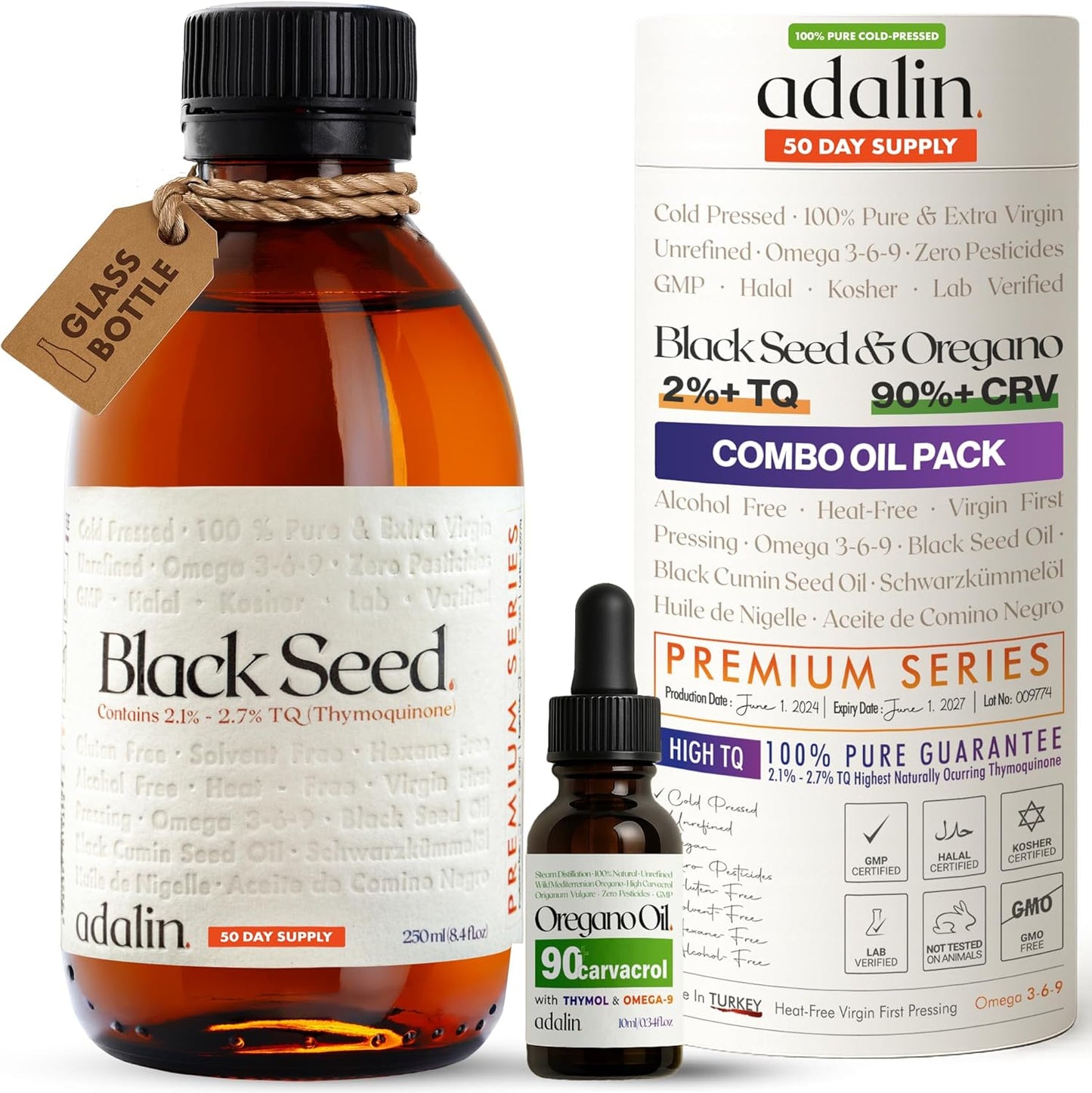adalin Oil of Oregano with Black Seed Oil | Black Cummin Seed Oil 8.4 fl oz + Oregano Oil 10ml | Nigella Sativa Seed | High Thymoquinone | Cold Pressed | Glass Bottle | Vegan | Gluten Free