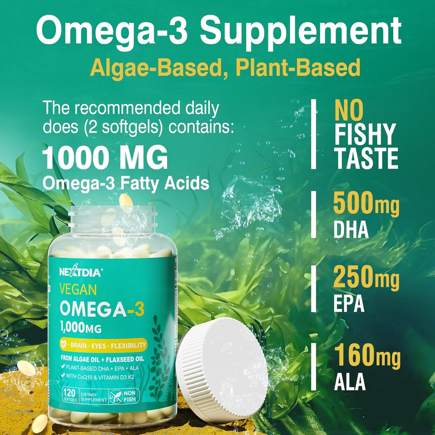 2 Pack Vegan Omega 3 D3 K2 CoQ10 Supplement, Plant Based DHA EPA ALA for Women Men, Omega 3 Organic Algae Flaxseed Oil Supplement for Bone, Brain, Eye & Immune Support, No Carrageenan, 240 Softgels