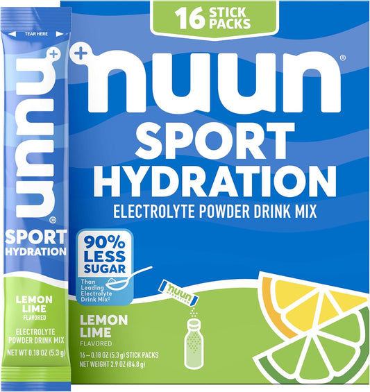 Nuun Sport Electrolyte Powder Packets with Magnesium, Calcium, Potassium, Chloride, and Sodium, Hydration Packets for On-The-Go, Lemon Lime Flavor, Gluten Free & Vegan, 16 Single Servings