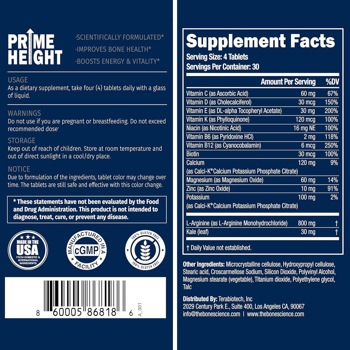 Prime Height Bone & Joint Health – Daily Nutritional Support for Kids, Teens & Adults – 120 Tablets