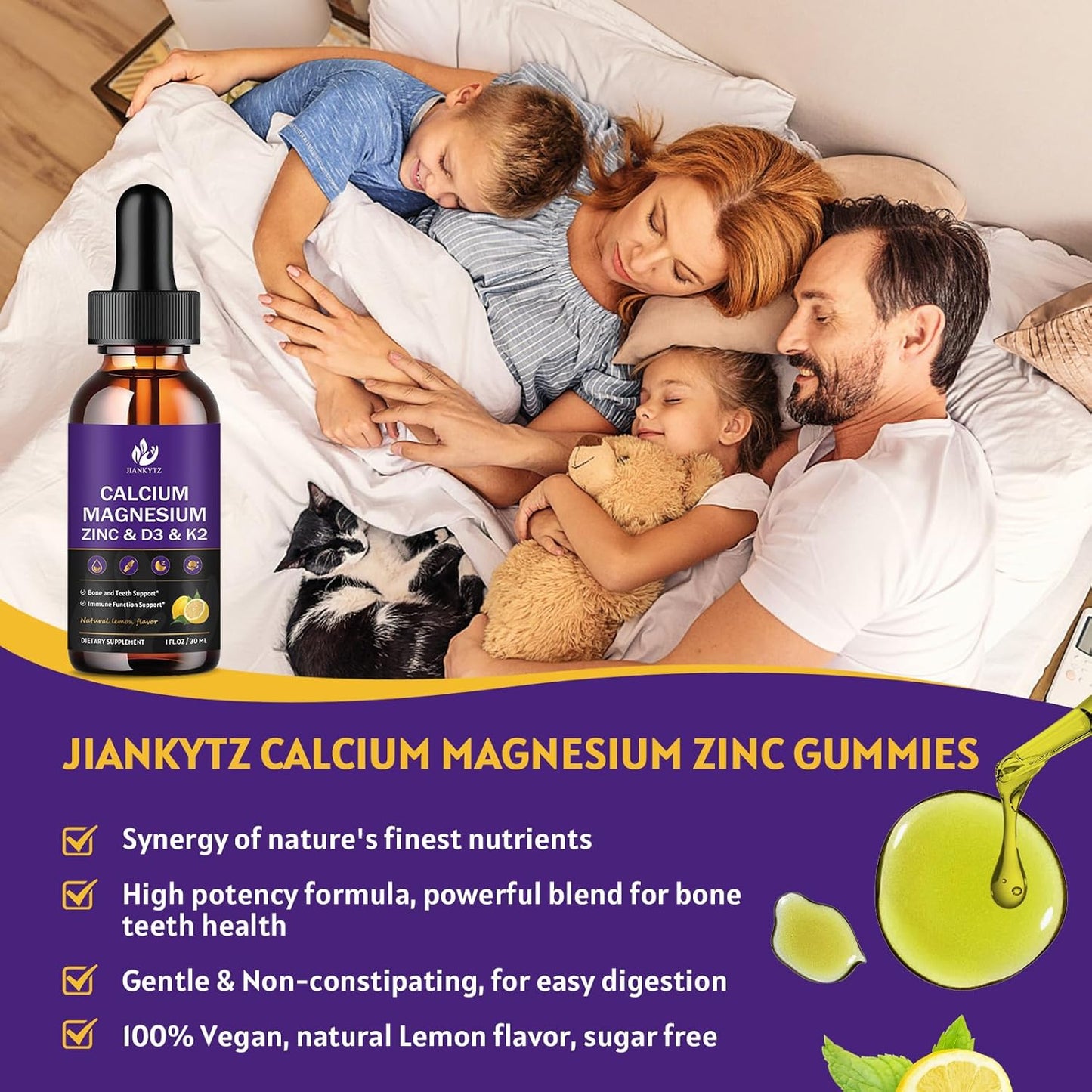 (4 Pack) Calcium Magnesium Zinc Liquid Drops for Women and Men - Bone & Teeth, Immune Support, Liquid Calcium Supplement with Magnesium Glycinate, Vitamin C D3 K2 B6, Lemon Flavor | Sugar Free