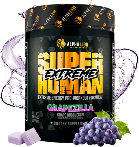 ALPHA LION Superhuman Extreme High Stim Pre Workout Powder, Beta Alanine, L-Taurine & 356mg Tri-Source Caffeine for Sustained Energy, Nitric Oxide & Citrulline for Pump (21 Servings, Grape Flavor)