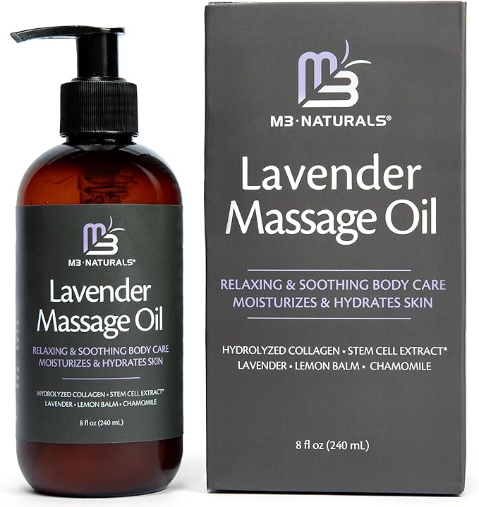 Lavender Sensual Massage Oil with Collagen and Stem Cells, Skin Tightening Therapy for Bum, Thighs, and Belly, Fast-Absorbing Cellulite Oil, 8 fl oz by M3