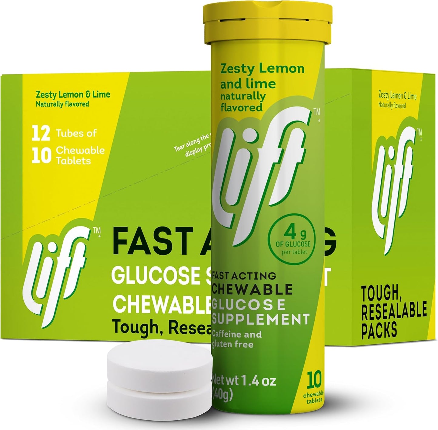 Lift Glucose Fast-Acting Glucose Chewable Energy Tablets, Lemon & Lime, 10 ct Tube (Pack of 12)