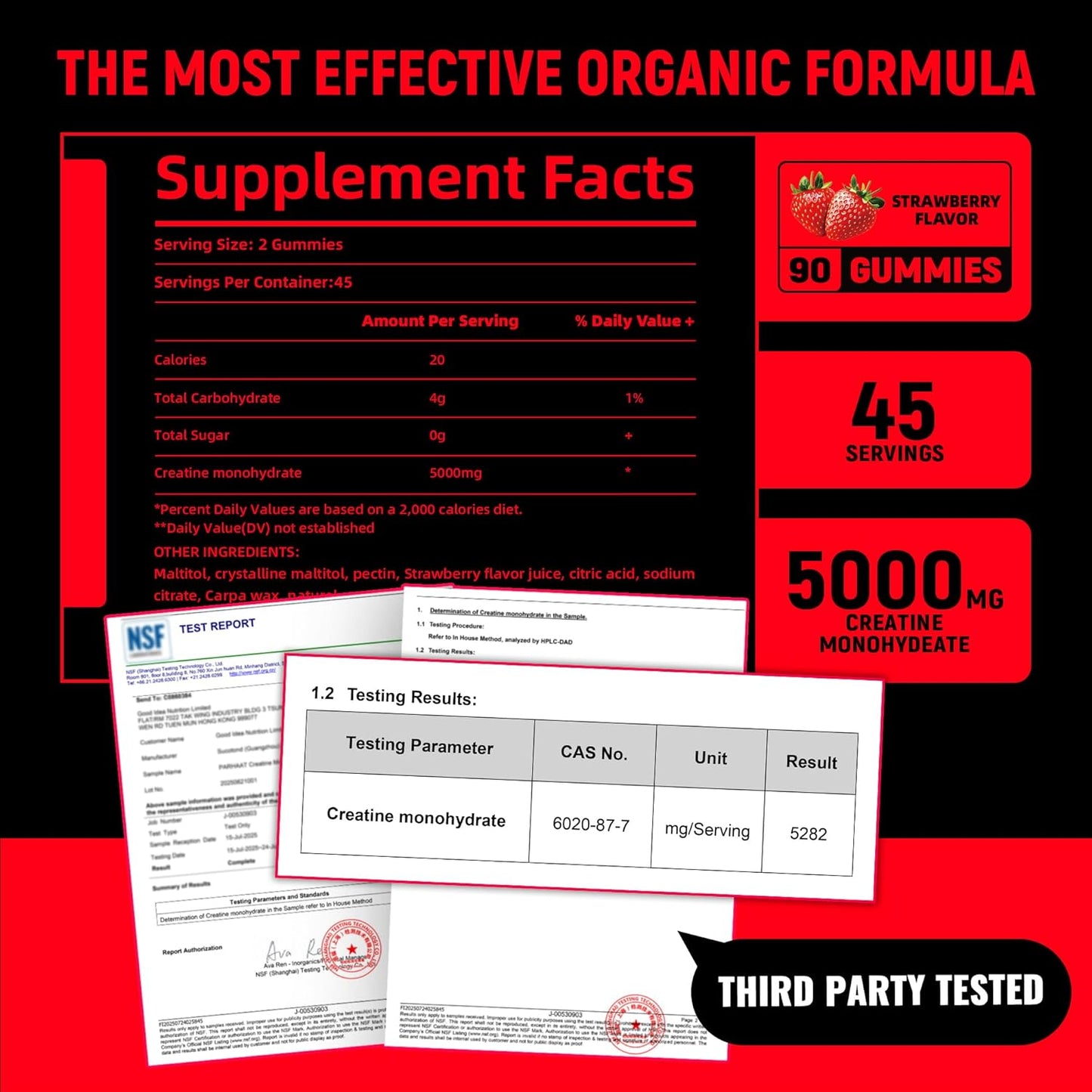 Creatine Monohydrate Gummies 5g for Men & Women - Boost Focus,Strength, and Endurance, Anti-Melting Formula, Vegan, Gluten-Free, Non-GMO, 2.5 Gram Creatine per Gummy (Strawberry 90 ct)