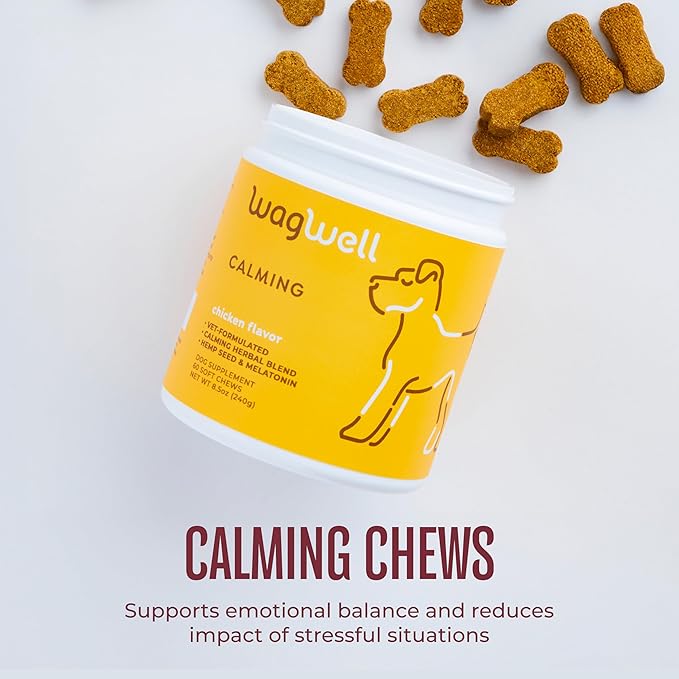 WagWell Dog Calming Chews – Vet-formulated, All Natural, Made in The USA – Anxiety Relief for Dogs, Supports Emotional Balance in Stressful Situations – Chicken-Flavored, 60 Chews