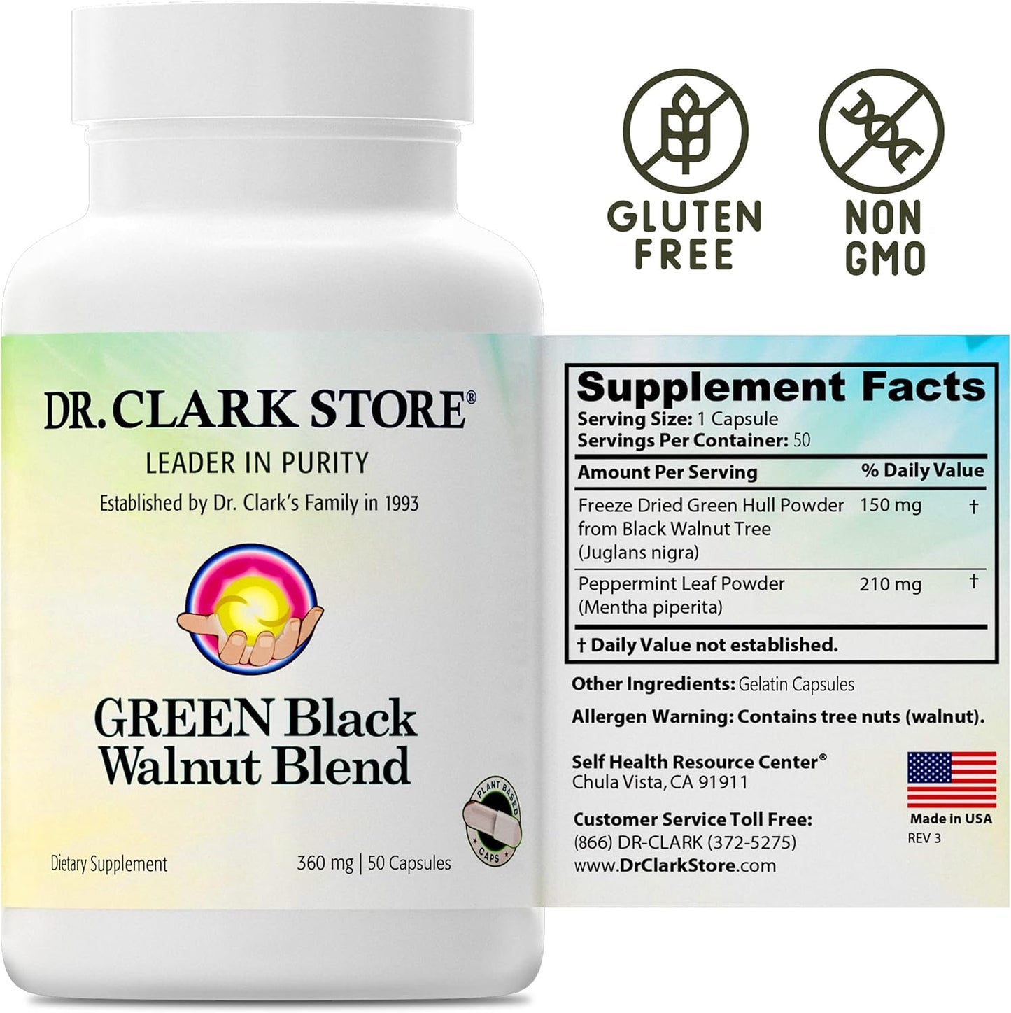 Dr Clark Green Black Walnut Blend - Freeze Dried Hull Dietary Supplement, Extra Strength Formula from All Natural Walnuts, Supports Healthy Intestinal Environment, 360mg, 50 Gelatin Capsules