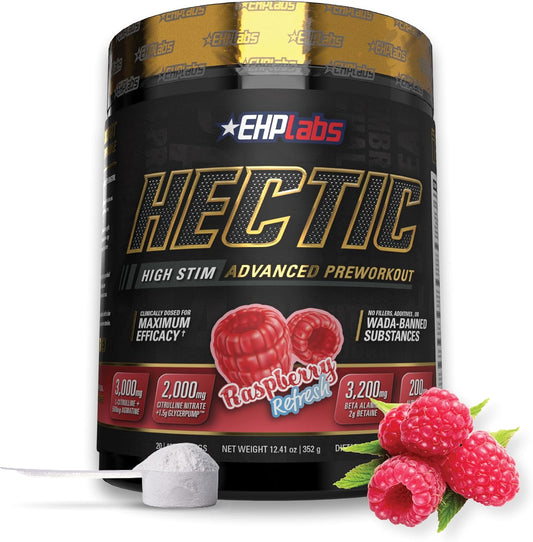 EHP Labs Hectic PreWorkout - High Stim Advanced Pre Workout Powder for Max Performance - Caffeine, Beta Alanine, Coconut Water - Energy, Pump, Recovery & Hydration - 40 Serves (Raspberry Refresh)