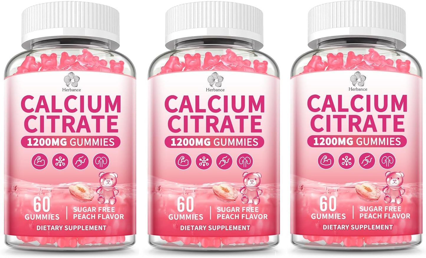 (3 Pack) Calcium Citrate Gummies 1200 mg for Adults, High Absorption Calcium Supplement for Women & Men, Sugar Free, Non-GMO, Gluten Free, Supports Muscle & Immune - Natural Peach Flavor